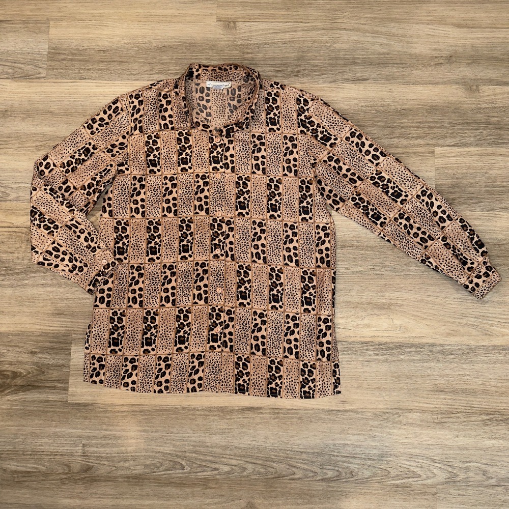 Anna and Frank Womens Silk Leopard Print Button Down Blouse Tan Brown Medium